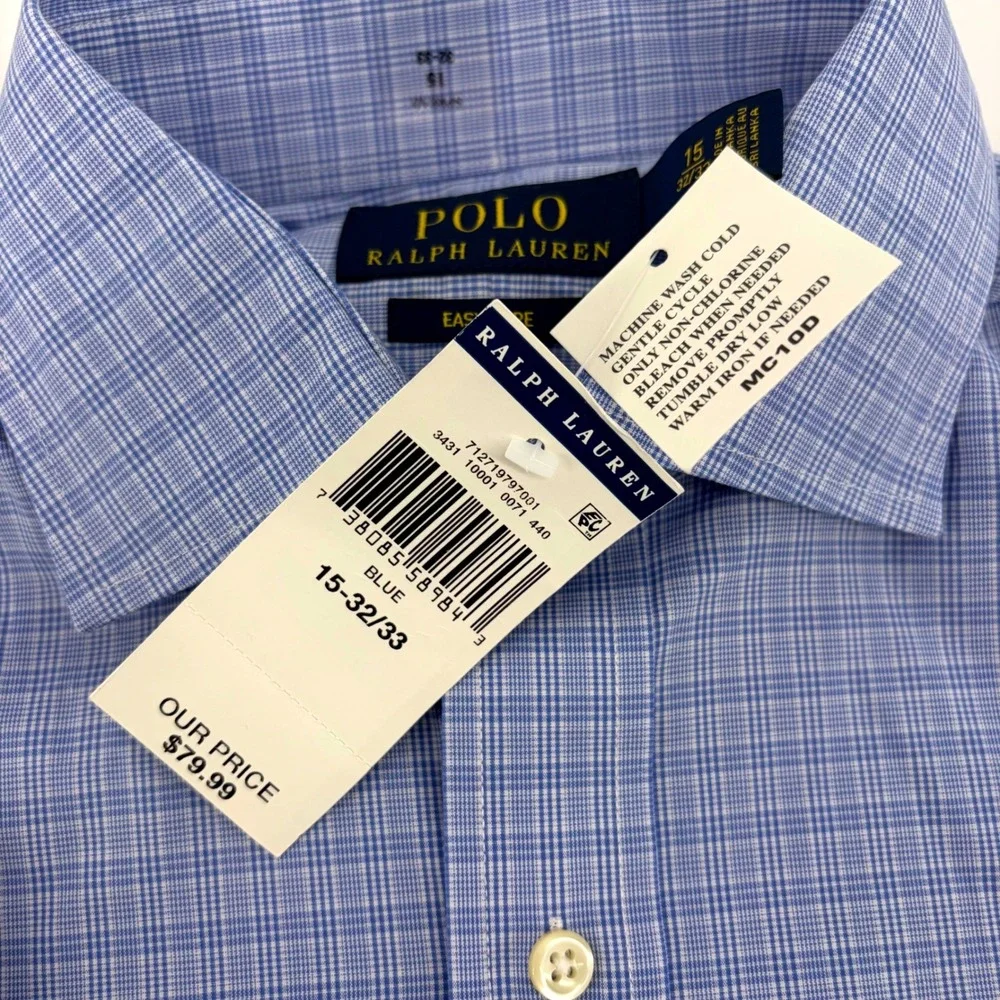 Polo Ralph Lauren NEW Mens Blue Micro-Check Spread Collar Dress Shirt 15‎ 32/33